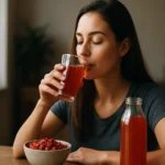 Žena pije goji nápoj so sušenými bobuľami goji na stole.