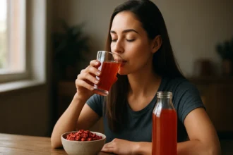 Žena pije goji nápoj so sušenými bobuľami goji na stole.