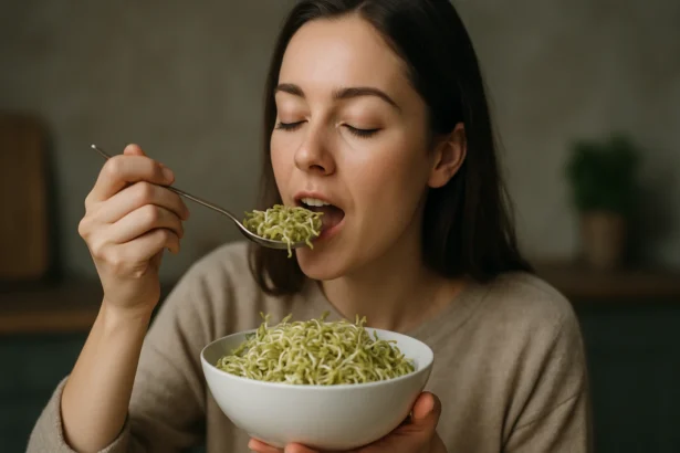 Žena vychutnáva sójové klíčky v zdravej miske.