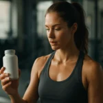 Žena v tréningovom oblečení drží fľašu s doplnkom L-karnitínu.