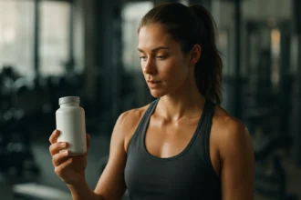 Žena v tréningovom oblečení drží fľašu s doplnkom L-karnitínu.