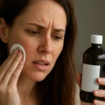 Žena sa obáva účinkov peroxidu vodíka na pokožku a používajúca vatový tampón.