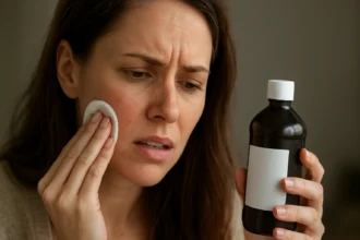 Žena sa obáva účinkov peroxidu vodíka na pokožku a používajúca vatový tampón.