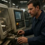 Operátor moderného sústruhu pri práci na výrobných procesoch.