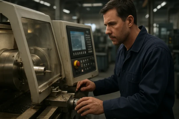 Operátor moderného sústruhu pri práci na výrobných procesoch.