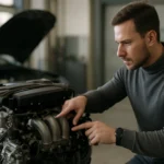 Muž skúma motor automobilu v modernom prostredí dielne.