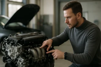 Muž skúma motor automobilu v modernom prostredí dielne.