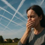 Žena vyjadrujúca obavy pod chemtrails na oblohe