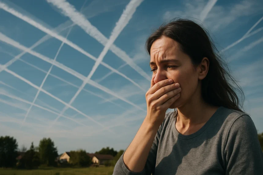 Žena vyjadrujúca obavy pod chemtrails na oblohe