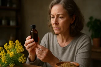 Žena skúma liečivý extrakt zo žltého kenvirágu.