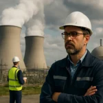 Dva inžinieri diskutujú pred atómovou elektrárňou s chladiacimi vežami.