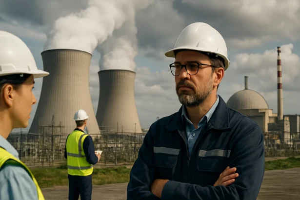 Dva inžinieri diskutujú pred atómovou elektrárňou s chladiacimi vežami.