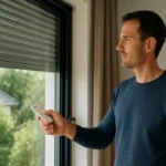 Muž ovládajúci automatizované rolety pomocou diaľkového ovládania.