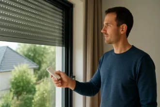 Muž ovládajúci automatizované rolety pomocou diaľkového ovládania.