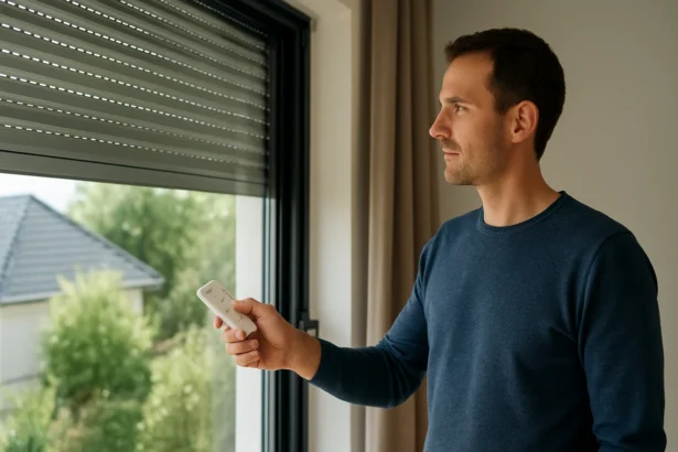 Muž ovládajúci automatizované rolety pomocou diaľkového ovládania.