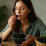 Žena vychutnáva černice, prírodný elixír zdravia a vitality.