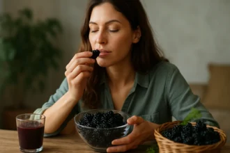 Žena vychutnáva černice, prírodný elixír zdravia a vitality.