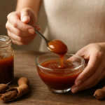 Osoba naberajúca tamarindové želé lyžičkou z misky.