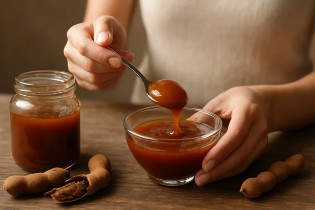 Osoba naberajúca tamarindové želé lyžičkou z misky.