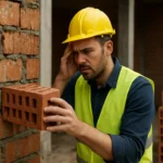 Stavebný pracovník skúma slakové tehly na stavbe