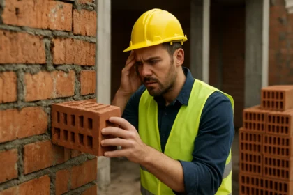 Stavebný pracovník skúma slakové tehly na stavbe