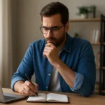 Muž premýšľa a píše poznámky v notebooku pri počítači.