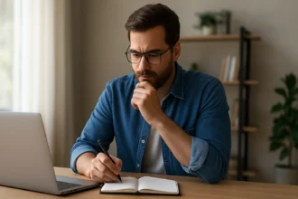 Muž premýšľa a píše poznámky v notebooku pri počítači.