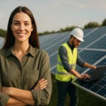 Žena a technik pri solárnych paneloch, symbolizujúci zelenú energiu.