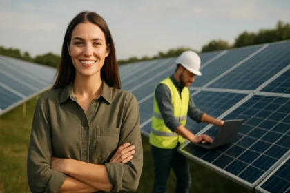 Žena a technik pri solárnych paneloch, symbolizujúci zelenú energiu.