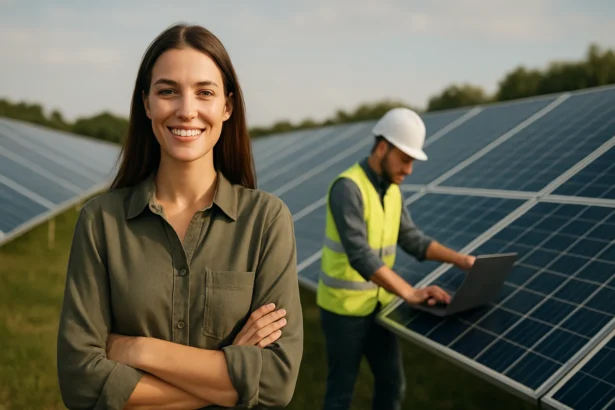 Žena a technik pri solárnych paneloch, symbolizujúci zelenú energiu.