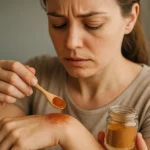 Žena nanáša škoricu na ranu na ruke, skúša prírodný liek