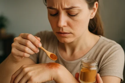 Žena nanáša škoricu na ranu na ruke, skúša prírodný liek