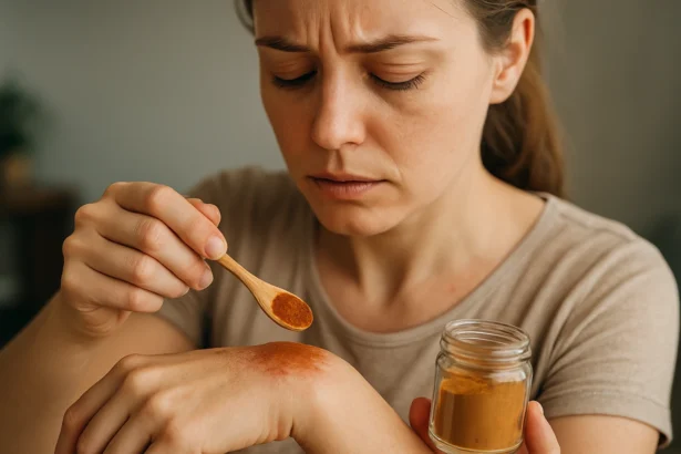 Žena nanáša škoricu na ranu na ruke, skúša prírodný liek