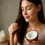 Žena s kokosom a zdravými vlasmi vyjadruje spokojnosť.