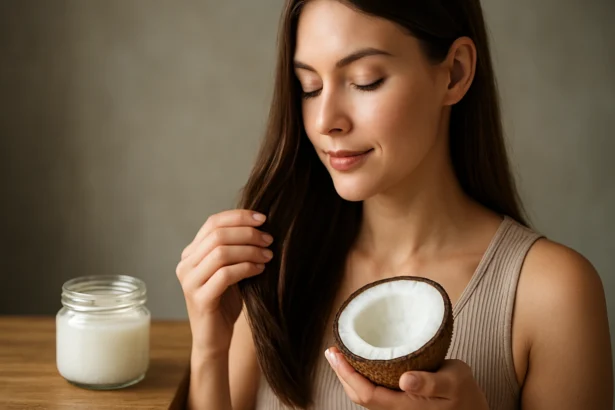 Žena s kokosom a zdravými vlasmi vyjadruje spokojnosť.