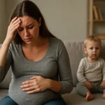 Tehotná žena zažíva stres, zatiaľ čo dieťa sedí vedľa nej.