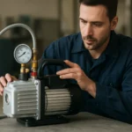 Technik kontroluje dvojstupňové vákuové čerpadlo na stole