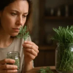 Žena skúma čerstvú sladkú palinu so sušenými bylinami