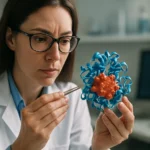 Žena s okuliarmi skúma model enzýmu v laboratóriu.