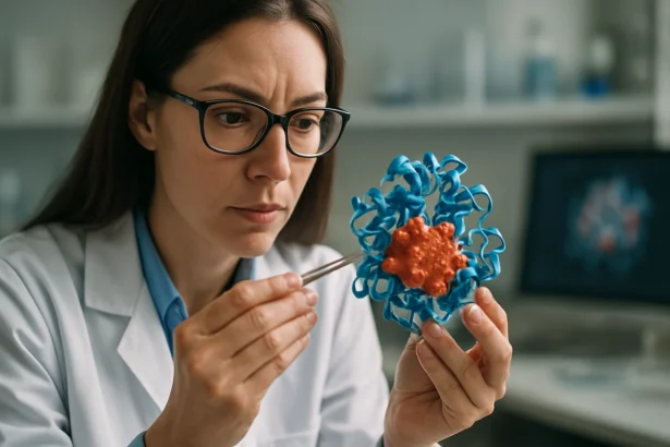 Žena s okuliarmi skúma model enzýmu v laboratóriu.