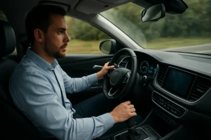 Muž riadi auto s rýchlostne závislým servoriadením pre lepšie pohodlie.