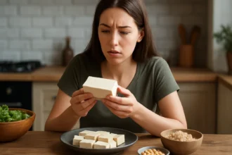 Žena skúma tofu na stole s rôznymi ingredienciami.