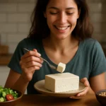 Žena s úsmevom ochutnáva tofu na tanieri so zeleninou