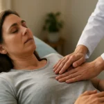 Žena v pokoji s lekárom pri terapii dýchania