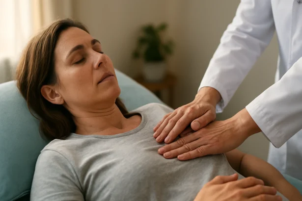 Žena v pokoji s lekárom pri terapii dýchania