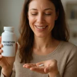 Žena drží fľašu s magnéziom a tabletkou v ruke