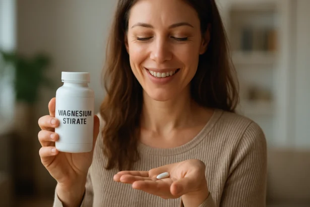 Žena drží fľašu s magnéziom a tabletkou v ruke