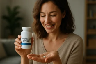 Žena sa usmieva s fľašou magnézium-citrátu v ruke.