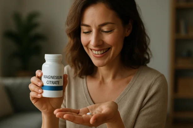 Žena sa usmieva s fľašou magnézium-citrátu v ruke.