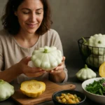 Žena drži patizón a teší sa z jeho krásy v kuchyni.